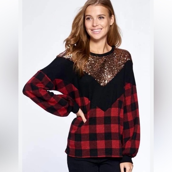 Glamorous Sequin Plaid Women's Sweater - Black and Red buffalo plaid - Picture 1 of 7